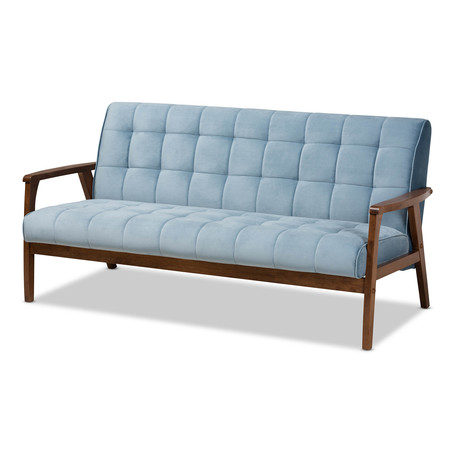 BAXTON STUDIO Asta Mid-Century Blue Velvet Upholstered Walnut Finished Wood Sofa 160-9944